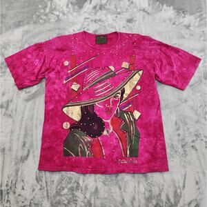 Vintage 80s Cotton Code Graphic Tee One Size Pink Tie Dye Metallic Beaded Gems